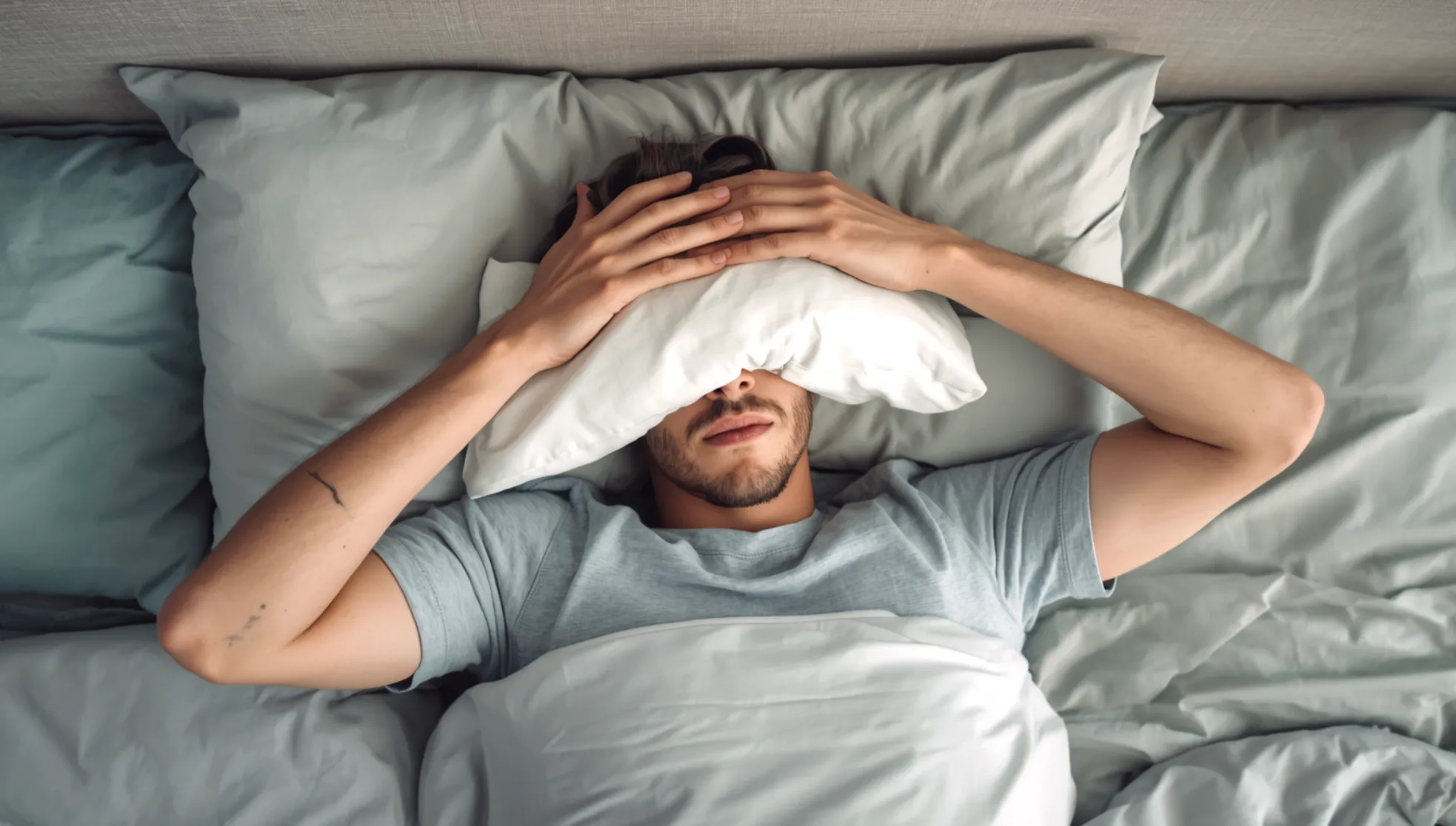 Junger, erschöpfter Mann liegt im Bett und hält sich ein Kissen über das Gesicht als Zeichen von Reizüberflutung bei Hochsensibilität