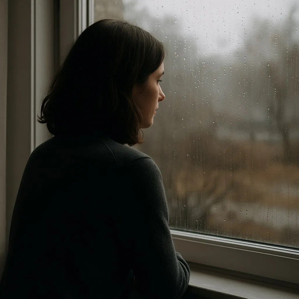 Frau sitzt am Fenster und blickt nachdenklich auf einen verregneten, grauen Wintertag hinaus