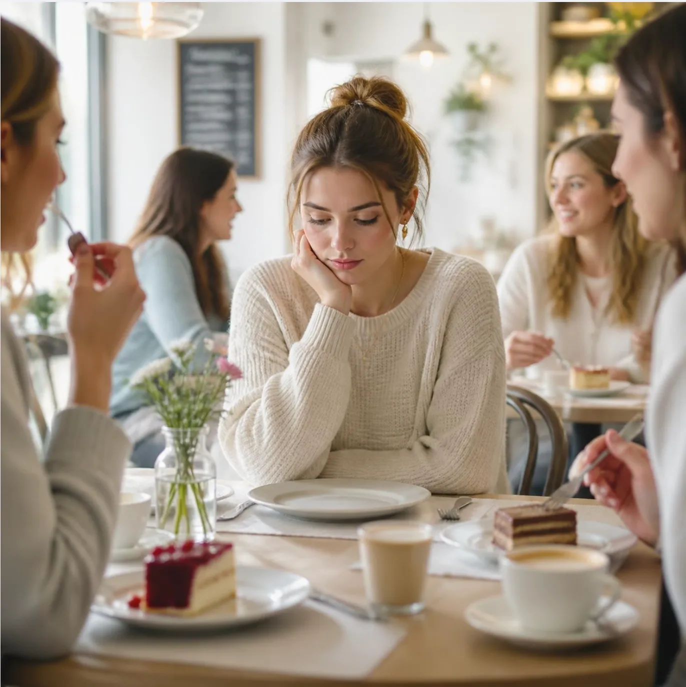 Junge Frau sitzt nachdenklich mit leerem Teller in einem Café, während die anderen am Tisch Kuchen essen